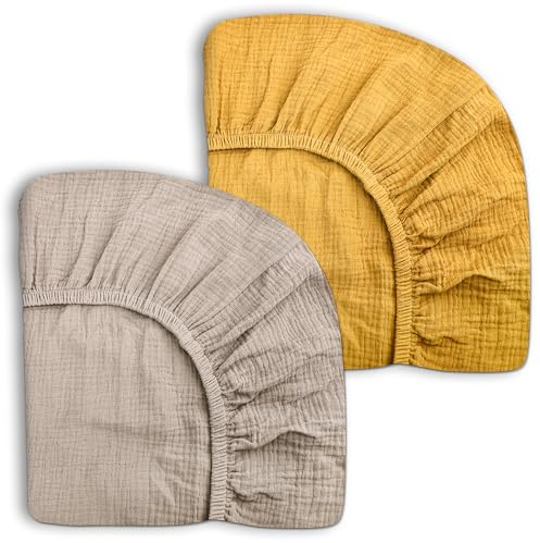 Spannbettlaken für Babybetten, Jungen, Mädchen, 71,1 x 132,1 cm, Musselin, Kleinkind-Bettwäsche mit neutralem Stil, Kinderbett-Essentials (Beige und Senfgelb), 2 Stück