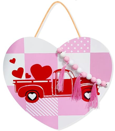 11.5x10.3 Inches Valentine's Day Wood Heart Door Sign with Beads and Tassels, Pink Checkered Wall Hanging Sign for Wedding, Romantic Front Door Indoor Outdoor Decor