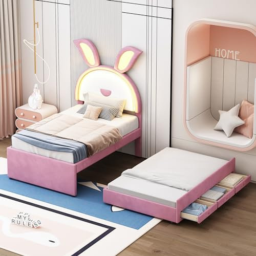 WIZBED Mädchenbett Polsterbett 90 x 200 mit Ausziehbett, 3 Schublade, L-E-D, Hasenform Kopfteil, Samtstoff Kinderbett Jugendbett Funktionsbett Einzelbett umbaubar, ohne Matratze,Rosa