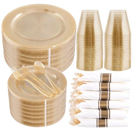 WELLIFE 210Pcs Gold Glitter Dinnerware Set, Gold Glitter Disposable Dinnerware for 30 Guests, Include: 30Dinner Plates, 30Dessert Plates, 90Gold Glitter Silverware, 30 Cups, 30 Paper Napkins