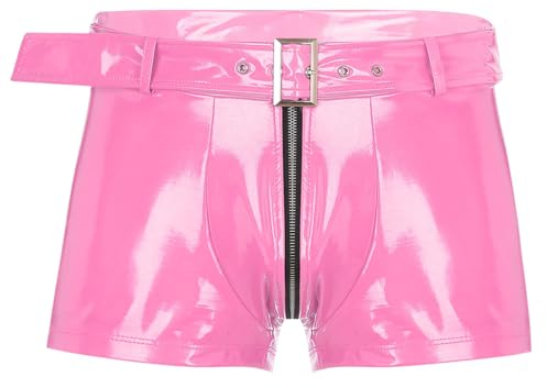 FEESHOW Herren Wetlook Boxershorts Slip Ouvert mit Reißverschluss Stretch Leder Latex Hose Shorts Unterwäsche Rubber Pants Clubwear Rosa I XL