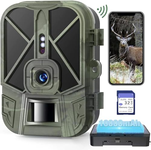 Wildkamera WLAN 4K 36MP mit Bewegungsmelder Nachtsicht Handyübertragung, Jagdkamera mit 10000 mAh Lithium-Akku, 32 GB SD-Karte und App, IP66 Wasserdichter für die Überwachung von Wildtieren