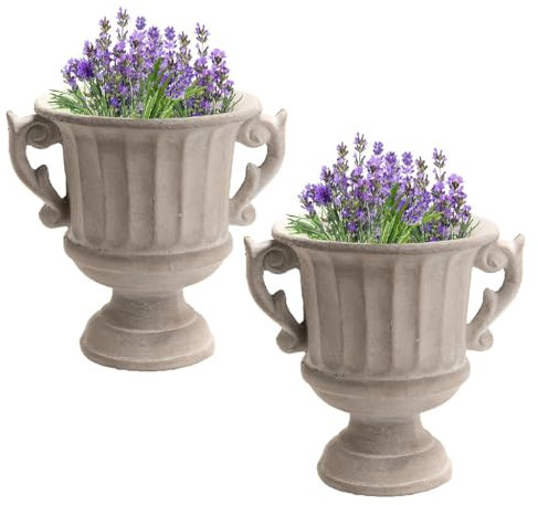 Set of 2 Medici Urn Planter Flower Pots Indoor/Outdoor Concrete Grey Vintage Style Baroque French Country Footed Flower Pots with Ornate Scrolled Handles Traditional Garden Decor