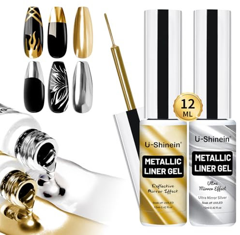 U-Shinein 2x12ml Esmalte de uñas de pintura metálica, gel de pintura metálica de plata dorada y súper brillante, pintura de arte de uñas de fuerte reflexión especular, con cepillo delgado incorporado