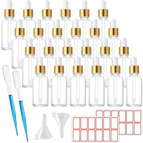 TUAKIMCE 24 x 30ml Glass Dropper Bottles with Pipettes, Refillable Sample Bottles with Funnel and Label for Essential Oil Blending, Perfumery (Transparent)