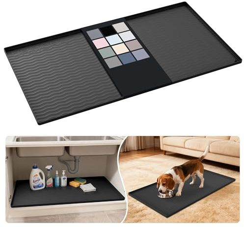 URMONA Tapis sous Évier en Silicone 55 x 101 cm, Protection Meuble Étanche | Plateau de protection, rebord anti-fuite, fond antidérapant, cuisine, salle de bain, buanderie, garage, sous lavabo (Noir)