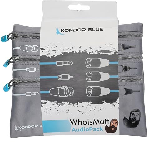 KONDOR BLUE x WhoisMatt | XLR Cable Pack with Organizer Pouch, Audio, 3 Cables 6 Feet Long with Smooth Connection into soundboards & PA Systems | Blue