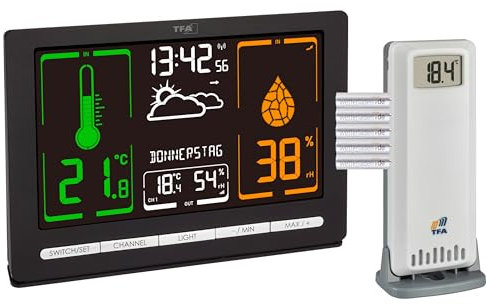 TFA Dostmann Digitale Funk Wetterstation METEOchrome, 35.1132, gut ablesbaren VA-Display, Wettervorhersage, Außensensor, Temperatur- & Luftfeuchtigkeitsmesser, Funkuhr,Datum (schwarz mit Batterien)