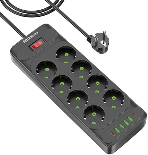 8 Fach Steckdose, Steckdosenadapter mit 4 USB A und 2 USB C, mit 2M Kabel 8 Fach Verteilersteckdose, Steckdose mit Schalter, Wandsteckdose für Home Office, Schwarz