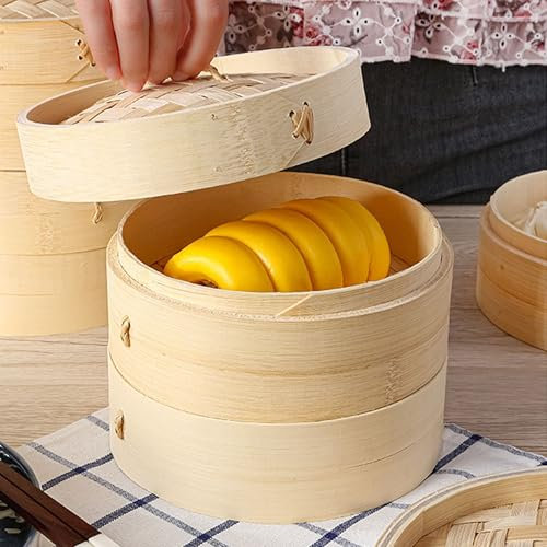 CINY 2-Tier Bambus Dampfgarer, 7.8 inch(20cm), Mit Dampfgarer Deckel, Handgefertigter Bambus Dampfgarer, Mehrere Anwendungen, für gedämpfte Meeresfrüchte, Fisch, gemischtes Gemüse, Brötchen, Eier
