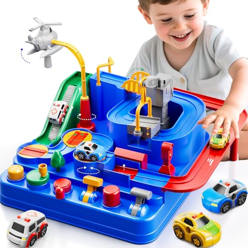 KIZONLY Autorennbahn für Kinder ab 3 Jahren, Kinder-Auto-Spielzeug für 3-jährige Jungen, Rennstrecke für Kleinkinder ab 3 Jahren, Stadt mit 3 kleinen Autos und Hubschrauber, pädagogische