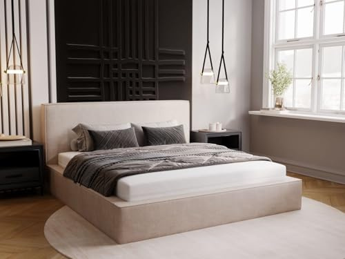 GRAINGOLD Monaco Bett 160x200, Polsterbett mit Bettkasten, Polsterbett mit Stauraum, Velour, mit Lattenrost, mit Kopfteil, ohne Matratze (Beige, 160x200)