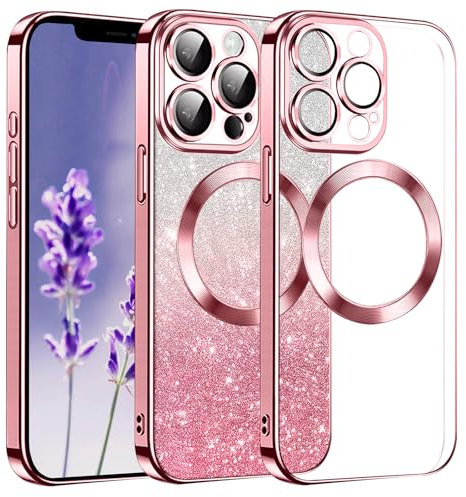 Yarxiawin for iPhone 12 Pro Max Case Clear Glitter Magnetic Compatible with Magsafe Wireless Charger for Apple iPhone 12 Pro Max Phone Case Silicone Shockproof Protective Cover Soft Slim (Rosa)
