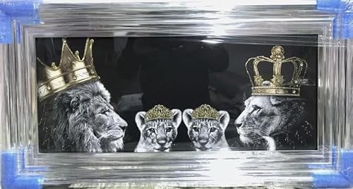 Biznest 3D Liquid Glitter Art Work Mirrored Frame Lion Royal Family Golden Crown Diamante Wall Hung Glass King Queen Cubs Black Gold Landscape 85 X 45 Cm (KING & QUEEN WITH 2X GIRLS)