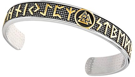 Flongo Wikinger Runen Armreif für Herren: Vintage Gold Silber Edelstahl Manschette Armband - Nordisches Viking Schmuck - Geschenk für Vater, Sohn, Freund - Amulett mit nordischen Symbolen