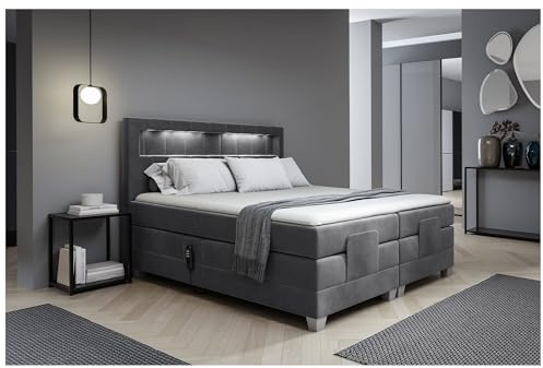 MEBLINI Boxspringbett Elektrisch Verstellbar mit LED - Gepolstert Doppelbett mit Matratzen und Toppers - Polsterbett - Bett mit Kopfteil - ASPERO - 200x200 - H3/Dunkelgrau Samt