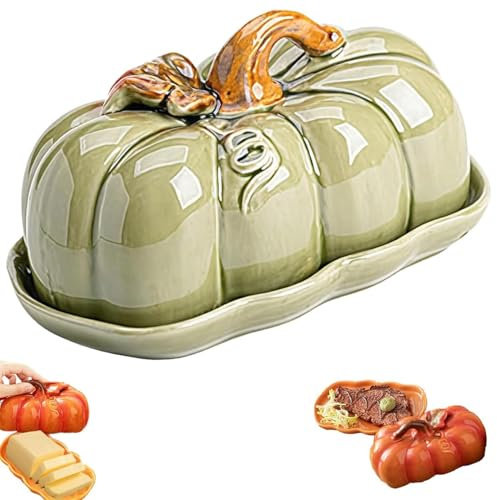 Kürbis-Butterdose mit Deckel, Kürbis-Butterdose mit Deckel & Herbst-Tischplatte für den Herbsttisch, dekorative Halloween aus Keramik (Grün)