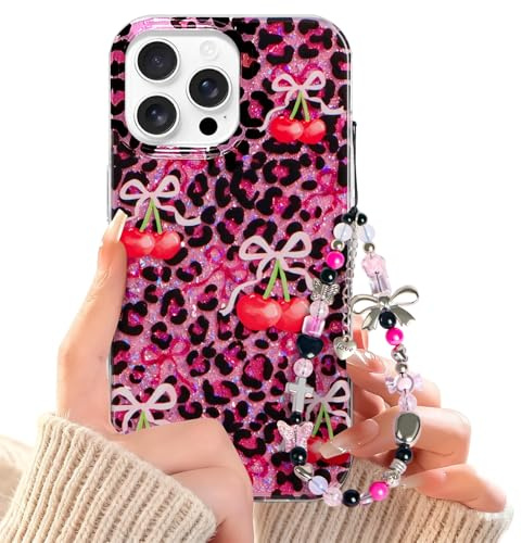 xoniery for iPhone 16 Pro Max Case with Cute Bowknot Cherry Leopard Pattern Aesthetic Case for Women Girl Soft TPU Shockproof Protective Glitter Shiny Phone Cover Girly + Chain - Hot Pink