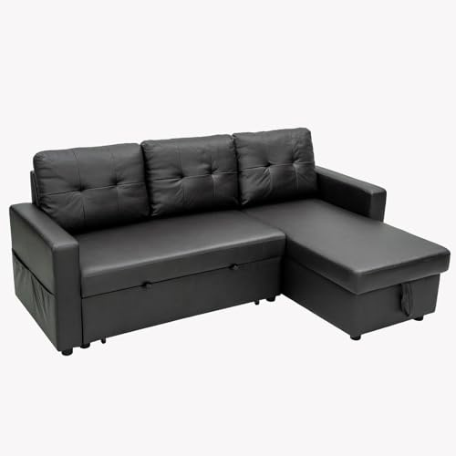 Panana 3 Seater Corner Sofa Bed with Storage, Universal Pull Out SofaBed, Left or Right Side Storage Chaise Couch Sectional Sofa (Black faux Leather)