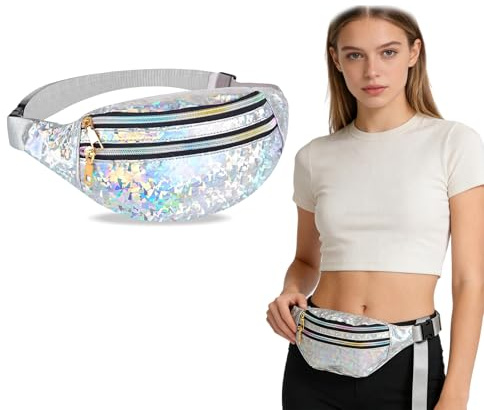 EUYKQNOI Bauchtasche Damen Wasserdicht Gürteltasche mit 3 Reißverschluss Fächer und Reflektierender 80er,90er Jahre Outfit Damen Bauchtasche, Stylisch Hüfttasche Mädchen für Festival,Party,Sport