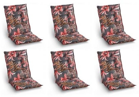 Home4You 6er Set Mittellehner-Stuhlauflagen mit Blütenmuster – Sitzauflage 108 x 48 x 7 cm – Anthrazit Rot – Polyester Baumwolle Gewebe – Stehsaum & Gurtband – Gefertigt in Deutschland