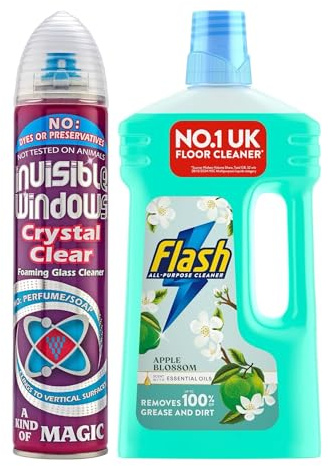 Aristòwax Window & Glass Cleaner Spray 300ml (Pack of 3) and Flash Apple Blossom Floor Cleaner – Glass & Floor – Professional Cleaning Kit - Home Cleaning Bundle