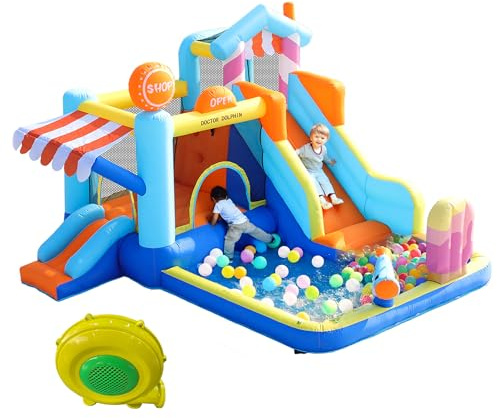 Wasserpark mit Doppelrutsche, Trampolin & Springbrunnen – Aufblasbare Burg mit Gebläse, Wasserpistolen, Sonnendach, für 3-8 Jahre, Oxford 395x340 cm