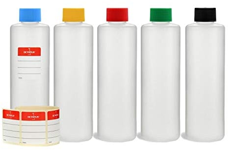 Octopus Bouteilles en plastique 5x 250 ml, bouteilles en plastique PE-HD avec bouchon à vis de couleur vive,rond bouteilles vides avec bouchons à vis colorés, bouteilles rondes + étiquettes