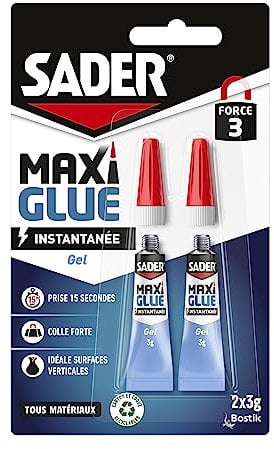 Sader Maxiglue Gel – Super Glue Universelle – Tous Matériaux – Colle de Réparation à Prise Rapide – Colle Extra Forte – Transparente – 2 Tube de 3 g