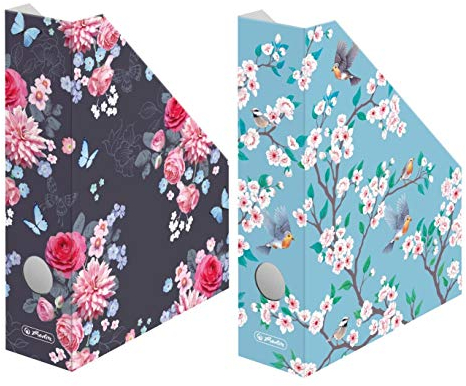 Stehordner - 2x DIN A4 'Flowers + Birds' - Weiß, Rechteckig, Pappe, Blumig mit Vögeln, Garten, Standordner, 297 x 210 mm, 100% Papier, Platzsparendes Archivieren