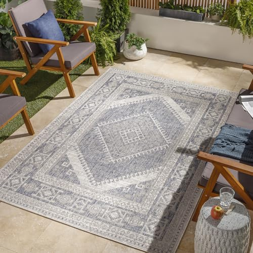 Livabliss Anwara Karba Indoor Outdoor Floor Covering 160x213 cm – Boho Pattern for Living Room, Patio & Kitchen, Waterproof & Stain-Resistant, Cream, Taupe & Blue
