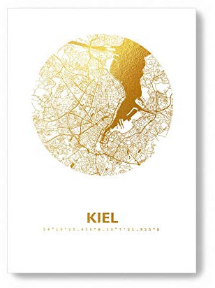 Kiel Karte - Personaliserte Stadtplan Poster Rund in S/W Rose Gold Silber Kupfer - A4 A3 - Stilsichere Wandbilder Geschenke Arbeitszimmer Wohnzimmer Andenken Heimatstadt