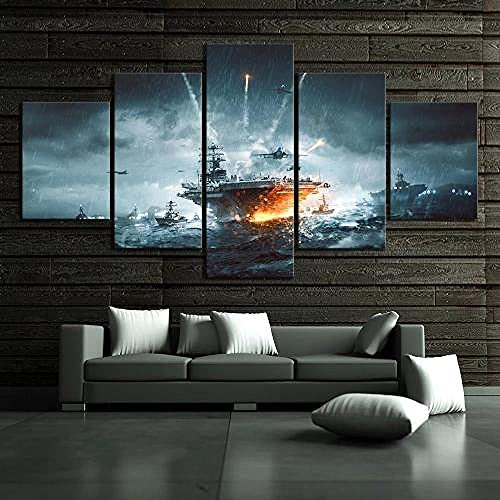 YUANJUN Mit Rahmen Vlies Leinwanddrucke 5 Teilig Kunstdruck Leinwand Bild XXL Format Wandbilder Wohnzimmer Wohnung Deko Gerahmtes Battlefield 4 Marine Battleship Flugzeugträgerjäger