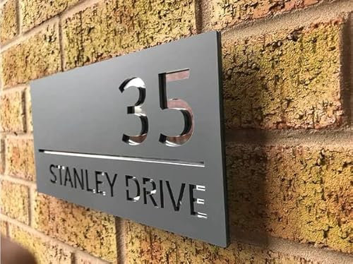 One of a Kind UK Modern Custom House Sign Personalised Acrylic Door Plaque with Name, Number & Address Waterproof Design for Homes & Offices Durable Laser-Cut Plate 40x20cm - Grey