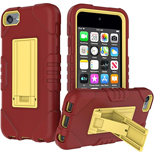 Cyberowl iPod Touch 7 Hülle für Kinder, Ständer für iPod Touch, kratzfest, Anti-Fingerabdruck, robuster Schutz, stoßfest, robuste Abdeckung, Apple iPod Touch 2019-Wein/Gold