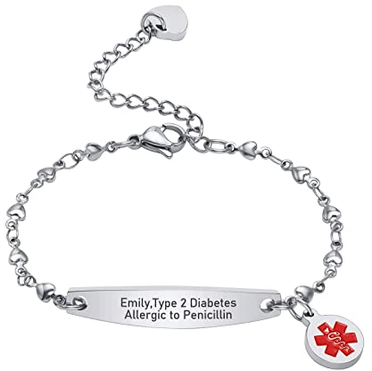 Notfallarmband Medizinisch Damen Personalisiert Uhrenarmband:VNOX Silber Personalisiertes ID Armbänder mit Gravur Verstellbares Medizinischer Armband aus Edelstahl Frauen