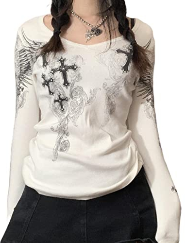 Yassiglia Y2K Lace Crop Top Patchwork Langarmshirt Elegant Ästhetisch Pullover Vintage Tops Square Ausschnitt Sweet Harajuku Slim Fit Aesthetic Streetwear für Damen