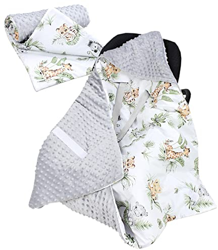 TupTam 2er Set Baby Decken Einschlagdecke 85x85 cm für Autositz Babyschale Babydecke Wiegendecke Minky Baumwolle, Farbe: Safari/Löwe/Braun/Blätter/Grün, Größe: Herbst/Winter - 85 cm x 85 cm