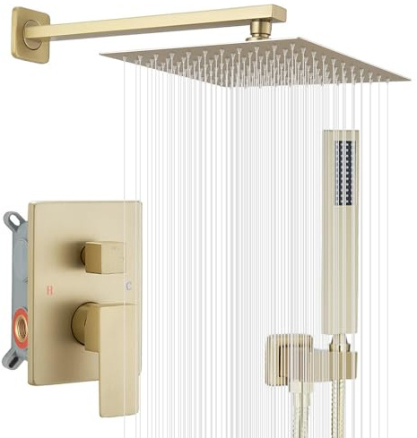 JingGang Gebürstetes Gold Duschsystem 25,4 cm Badezimmer Luxus Regenmischer Dusche Combo Set Wandmontage Regendusche Kopf und Handsystem Duscharmatur raues Ventilkörper und Verkleidung enthalten