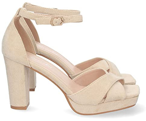 shoes&blues.es 72221-Sandalia de Tacon para Mujer, Comoda, Estilo Ankle Strap, con Palas Cruzadas, y Cierre de Hebilla, Primavera Verano 2023. Talla 40 Beige