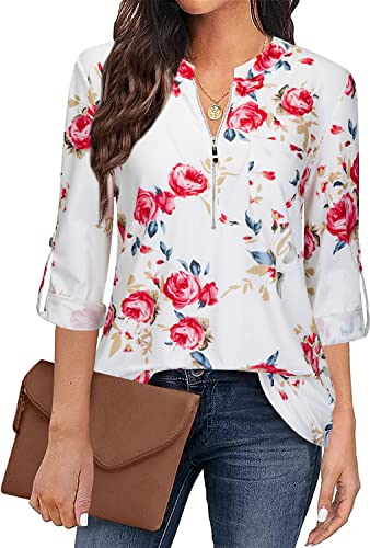 Amrto Damen V-Ausschnitt Blumenmuster Bluse Damen Elegant 3/4 Ärmel Reißverschluss Longbluse Tunika Casual Langshirt Hemd T-Shirt Tops Schicke Festliche Sommer Blusen, Rot Blumen XXL