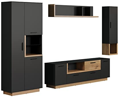 trendteam smart living - Anbauwand Wohnwand - Wohnzimmer - Synnax - Aufbaumaß (BxHxT) 332 x 198 x 40 cm - Farbe Anthrazit mit Coast Evoke Eiche - 213496584