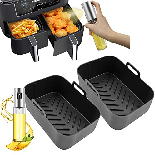Daily Treasures 2 Pack Silicone Air Fryer Liners for Ninja Dual With 1 Pack Oil Sprayer Dispenser, Reusable Accessories