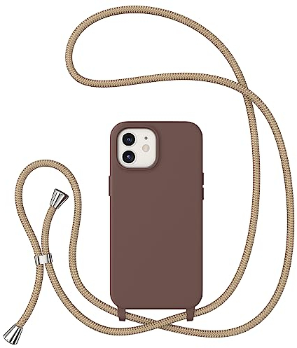 ZTOFERA Crossbody Lanyard Case for iPhone 12/12 Pro, Liquid Silicone Protective Phone Case with Strap Adjustable Neck Cord Necklace Soft Cover, Brown