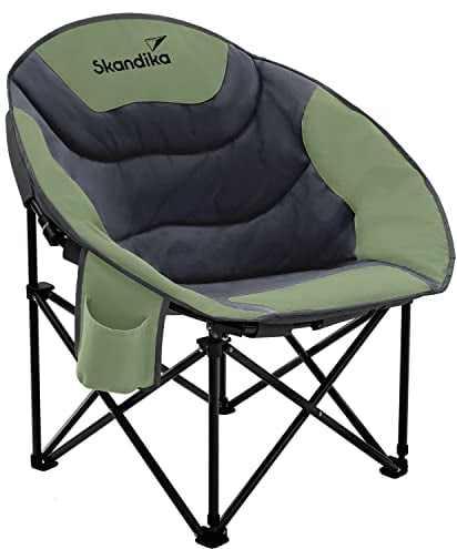 Skandika Moonchair Sirkka | Bequemer Campingstuhl, gepolstert, klappbar, Kühlfach, Getränkehalter, Tragegriff und Tragetasche, Anti-Rutsch-Füße, max. 150 kg | Camping Sessel, Mondsessel (grün/grau)