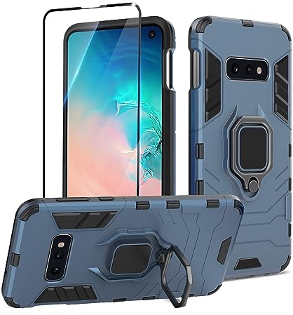 Btstring Hülle kompatibel mit Samsung Galaxy S10E mit Schutzfolie, Militär Standard Stoßfest Handyhülle Case Hybrid Metall Ring Halter Schutzhülle Handy Hüllen Cover- Blau