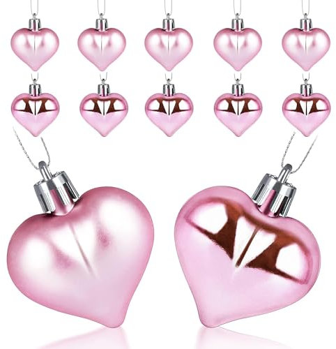 SECALIFE 12 Pieces Pink Heart Baubles Shiny and Matte Heart Baubles for Christmas Tree Decorations Heart Shaped Bauble Hearts Christmas Ornament Hanging Tree Pendants, 4.5CM