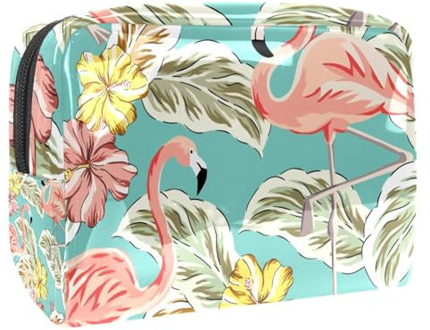 Trousse à maquillage flamant rose et feuilles tropicales pour femme, trousse de toilette de voyage, grande pochette de maquillage en PVC pratique avec fermeture éclair, multicolore,