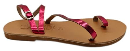 Emmanuela - Sandalias Planas de Cuero Griegas Antiguas a Mano, Zapatos de Verano de Calidad con Correa de Hebilla Ajustable, Sandalias Mujeres de Tira para el Dedo del Pie, Fucsia Metalizado, 36 EU