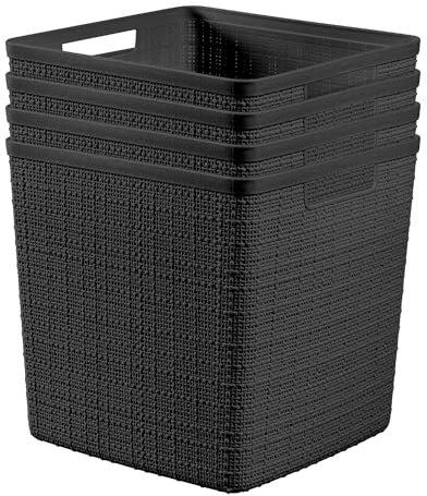Curver Set of 4 Jute Large Cube Decorative Plastic Organization and Storage Baskets, Perfect Bins for Home Office, Closet Shelves, Kitchen Pantry and All Bedroom Essentials, Black